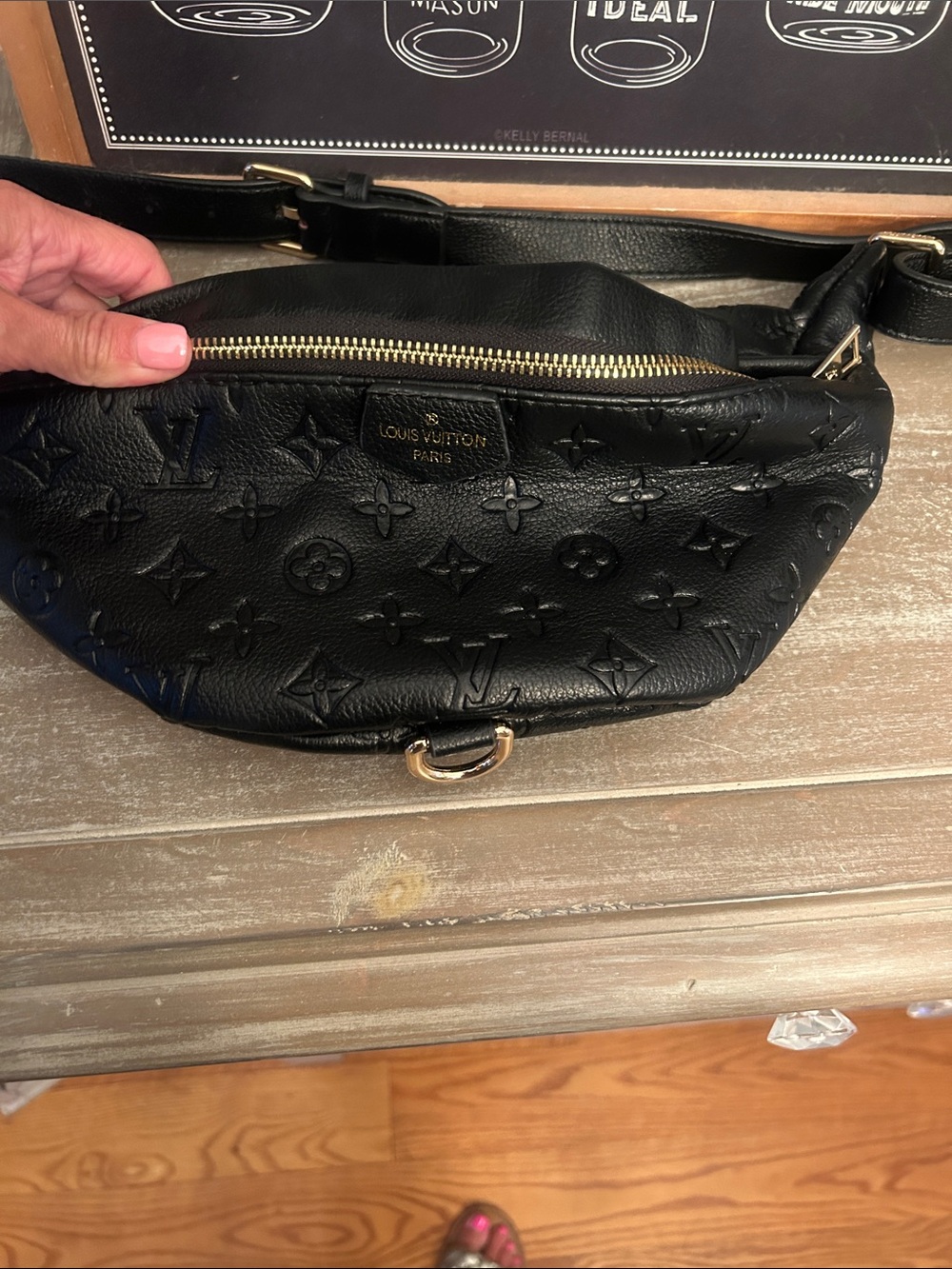 Black Embossed Leather Crossbody Belt Bag with Gold Hardware - Picture 2 of 3